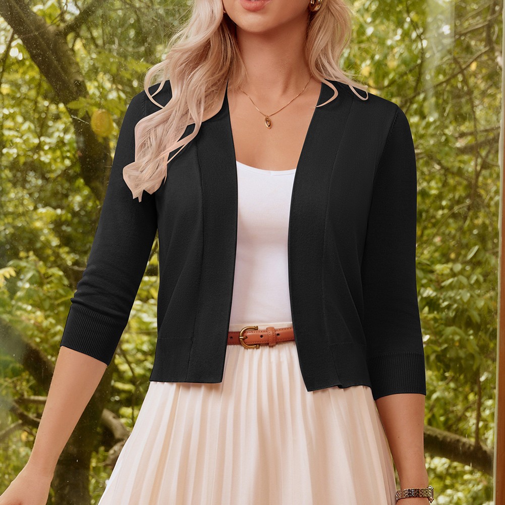 GK Womens 34 Sleeve Front Open Cropped Knitting Coat Top for Casual Wear - Picture 14 of 84