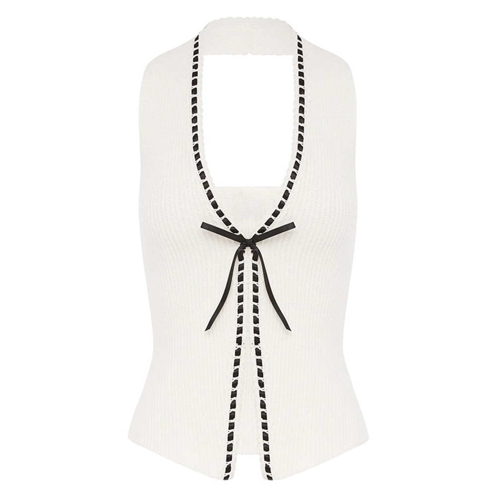 White Knitted Vest for Women Lace for Up Sleeveless Hollowed Out Casual Style