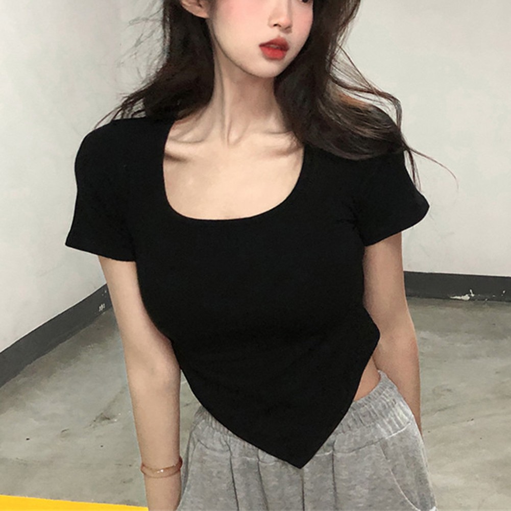 Short Sleeve Women T Shirt Summer Casual Solid Color Slight Stretch Top