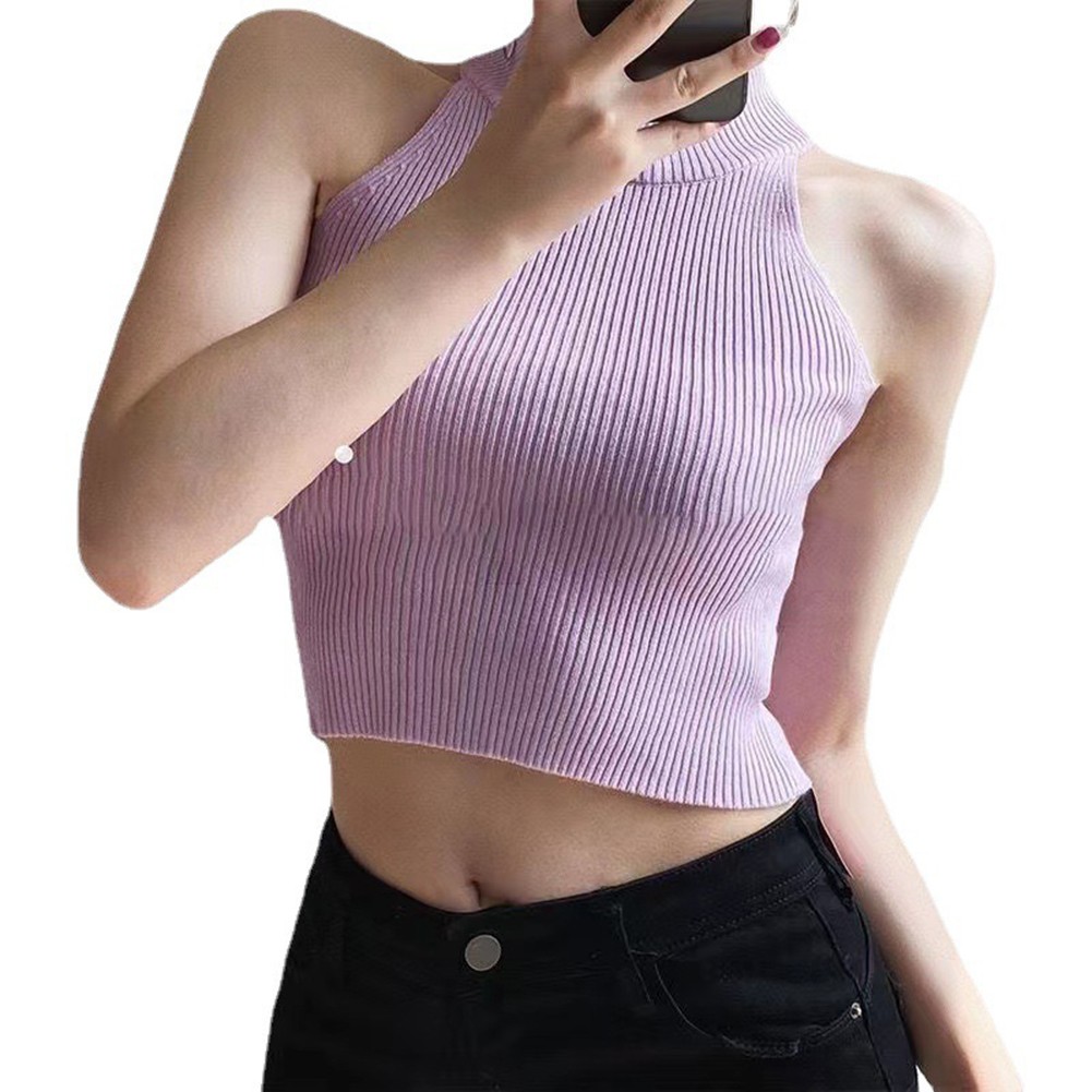 Sleeveless sexy vest, halter neck, crop top, cinched waist, threaded knitted top - Picture 13 of 19