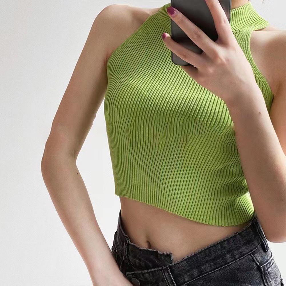 Sleeveless sexy vest, halter neck, crop top, cinched waist, threaded knitted top - Picture 15 of 19