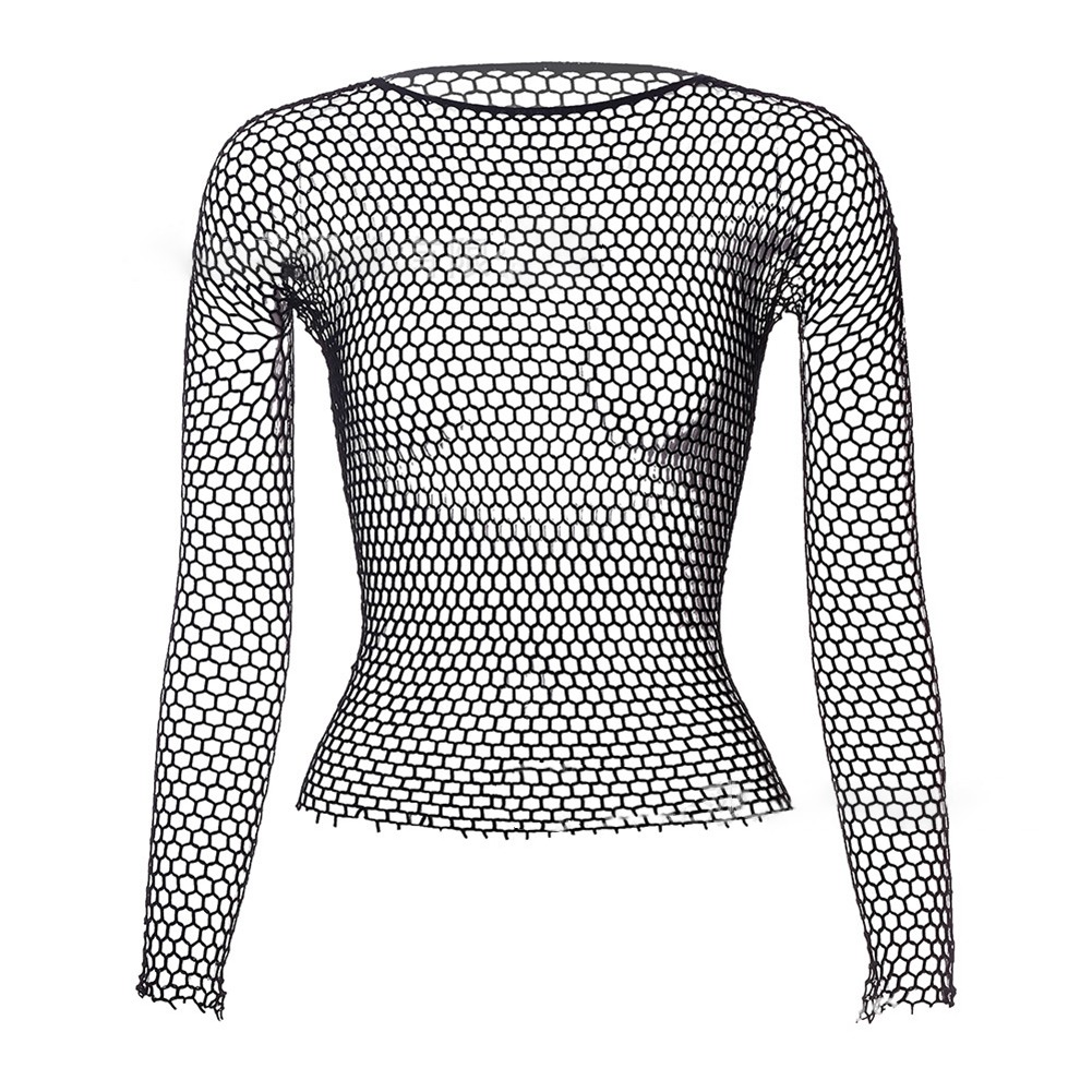 Women Casual Fishing Net Long Sleeve Top Sheer Mesh Stretch Nylon Spandex Blend