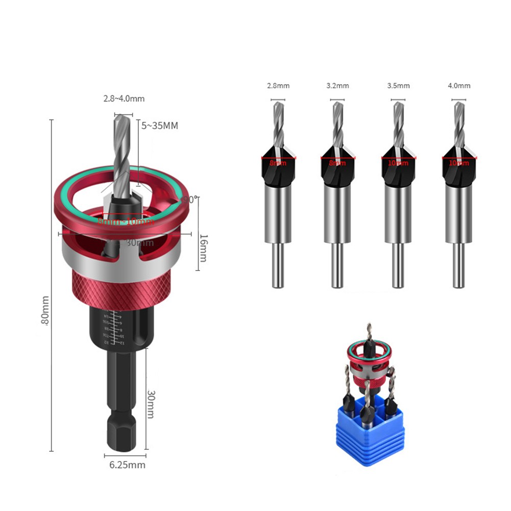 Four Blade Countersunk Drill Bits 5pcs Wood Stop Adjustable Depth Control