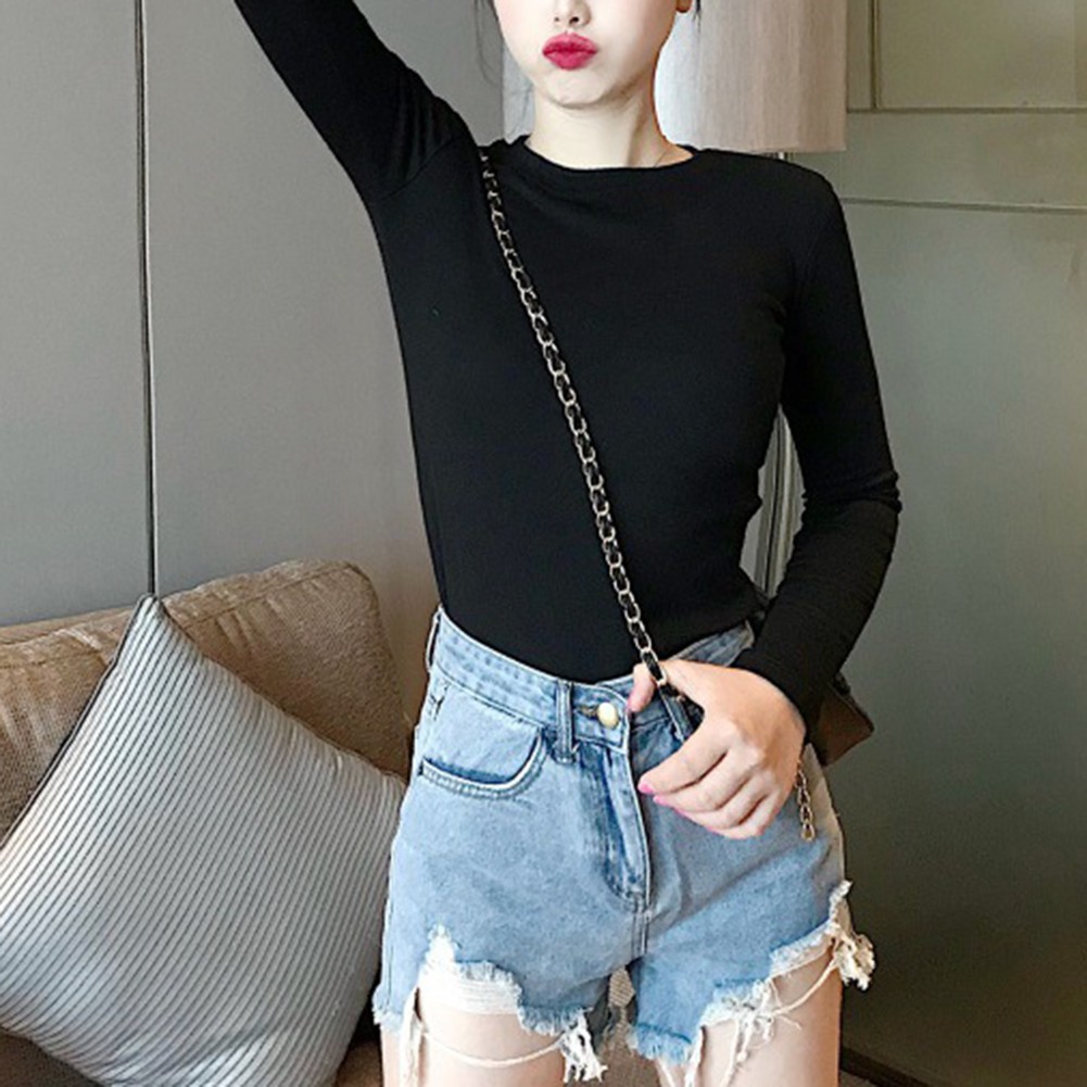 Women’s Solid Color Long Sleeve T Shirt with Slight Stretch for Everyday