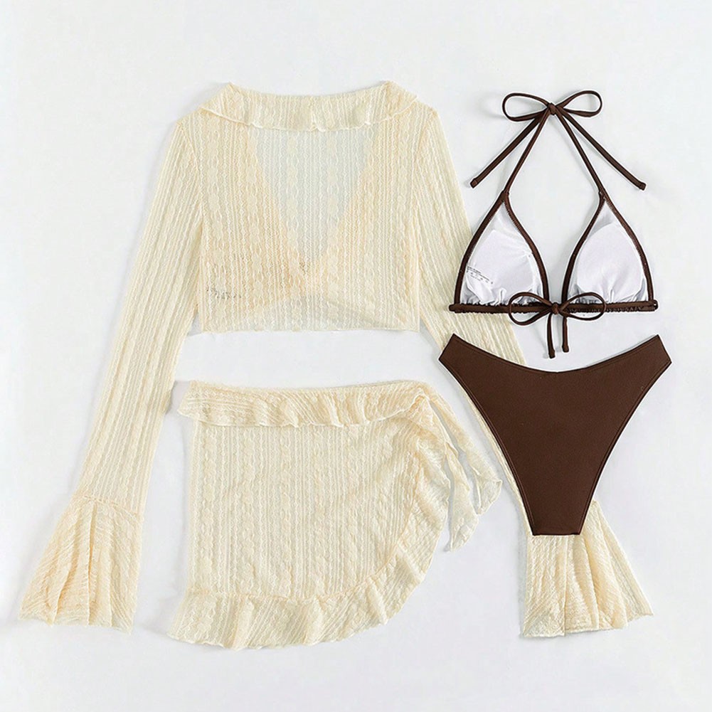 Longsleeved Mesh Smock Bikini Fourpiece Set Solidcolor for Womens Summer Wear - Picture 15 of 21
