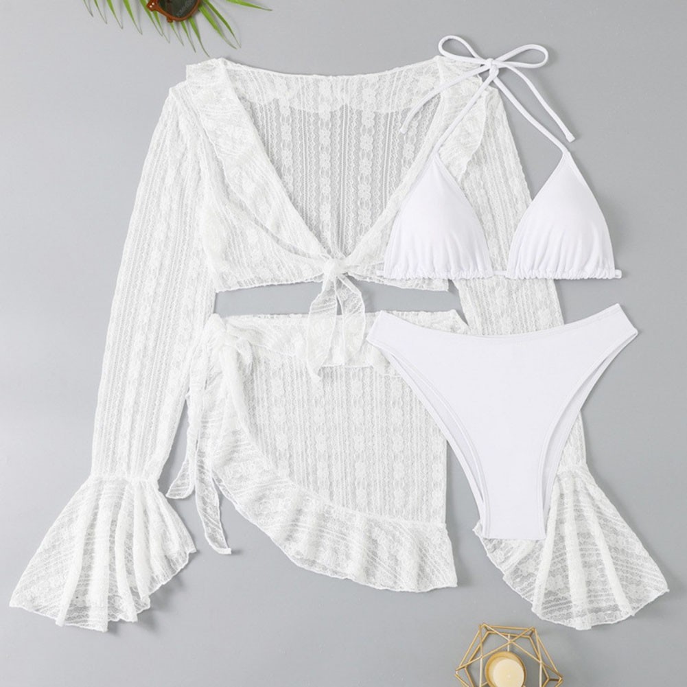 Longsleeved Mesh Smock Bikini Fourpiece Set Solidcolor for Womens Summer Wear - Picture 17 of 21