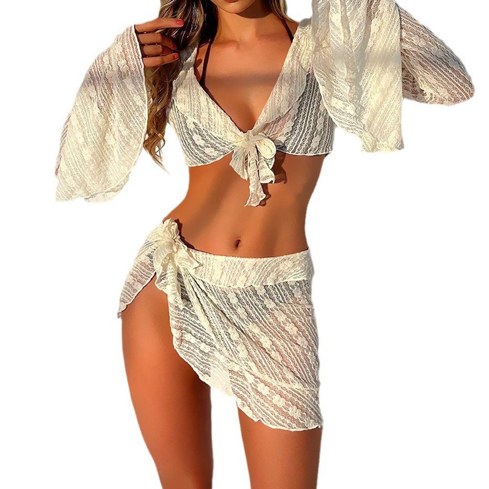 Longsleeved Mesh Smock Bikini Fourpiece Set Solidcolor for Womens Summer Wear - Picture 16 of 21