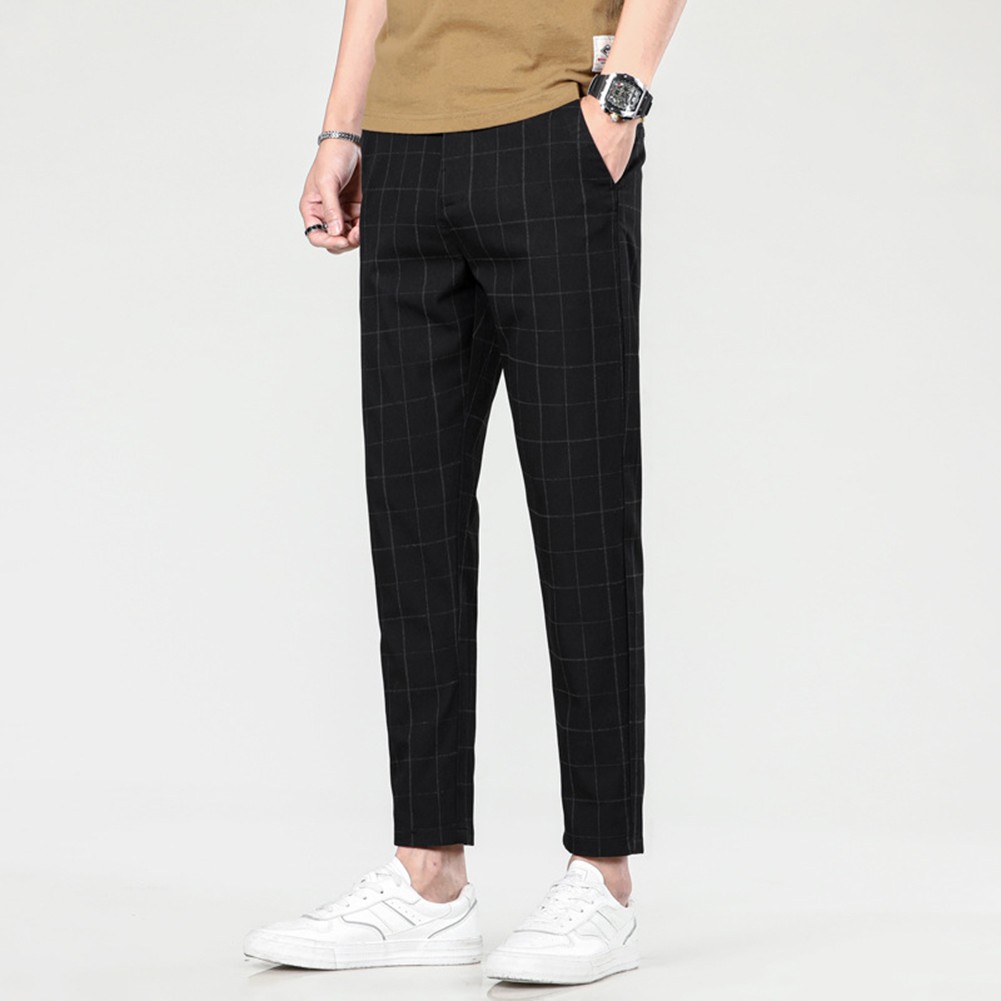 Plaid Pants Business Casual Men Slim Fit Straight Leg Small Leg Trousers - Picture 16 of 25