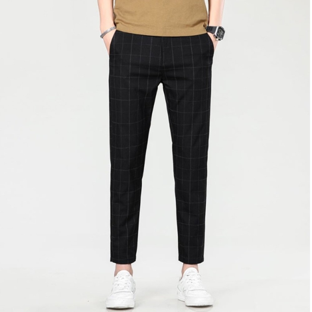 Plaid Pants Business Casual Men Slim Fit Straight Leg Small Leg Trousers - Picture 15 of 25