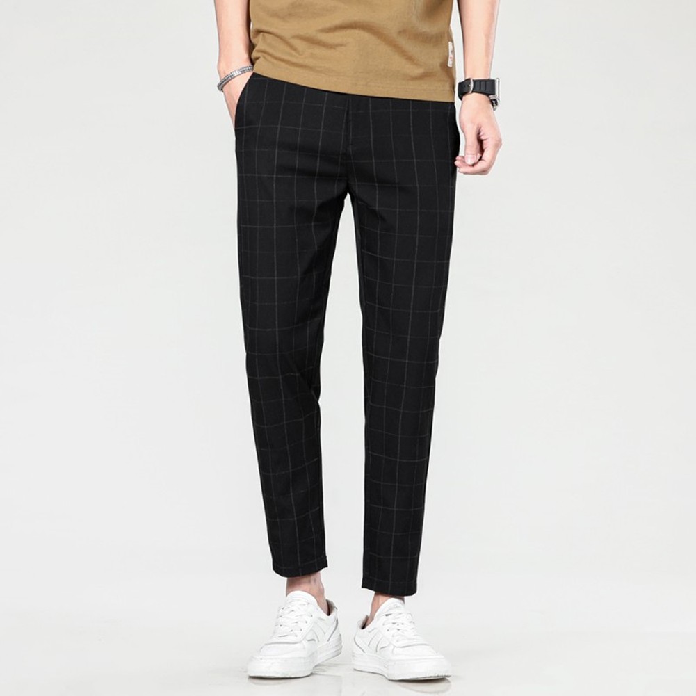 Plaid Pants Business Casual Men Slim Fit Straight Leg Small Leg Trousers - Picture 13 of 25