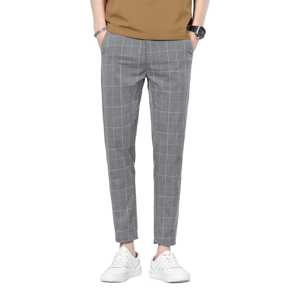 Plaid Pants Business Casual Men Slim Fit Straight Leg Small Leg Trousers - Picture 21 of 25
