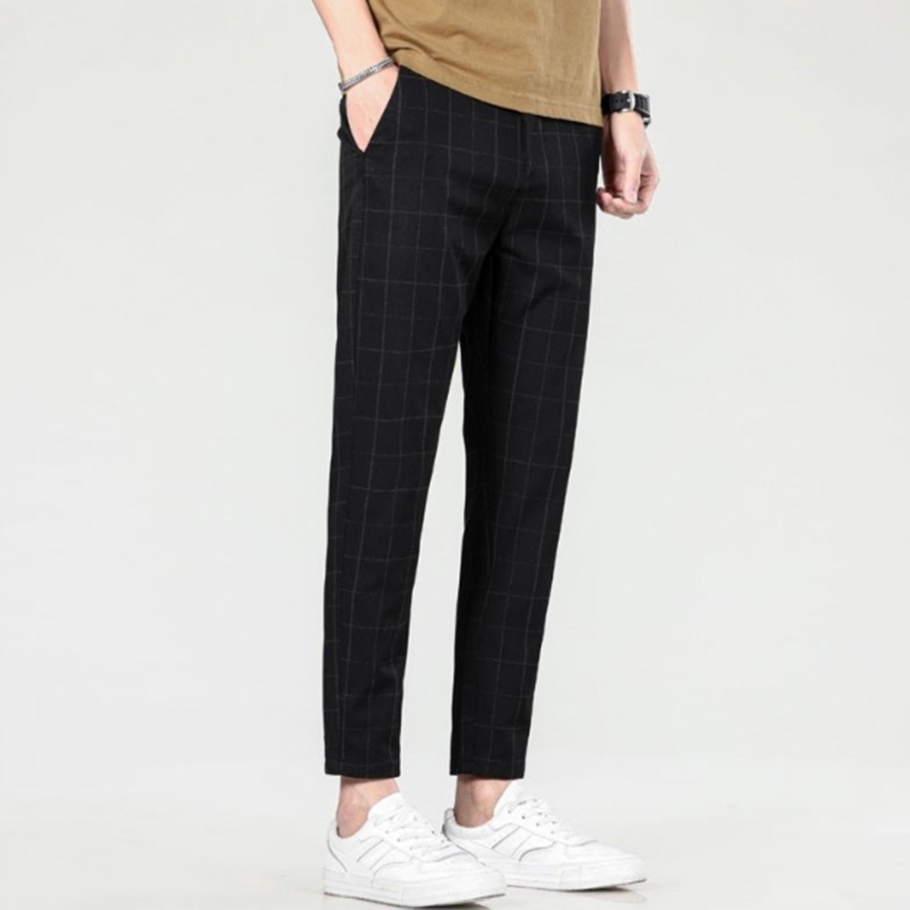 Plaid Pants Business Casual Men Slim Fit Straight Leg Small Leg Trousers - Picture 17 of 25