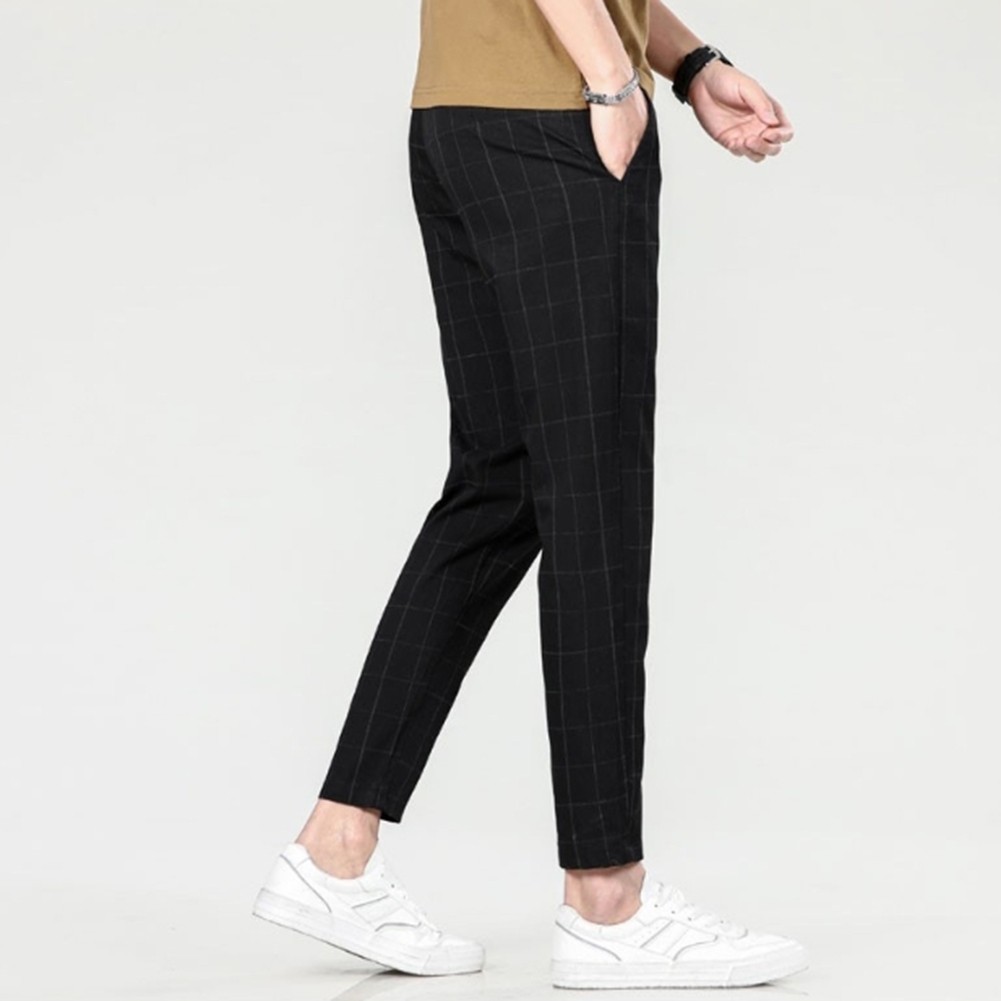 Plaid Pants Business Casual Men Slim Fit Straight Leg Small Leg Trousers - Picture 18 of 25