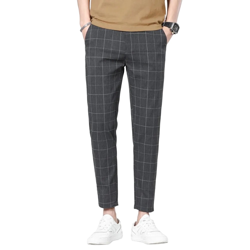 Plaid Pants Business Casual Men Slim Fit Straight Leg Small Leg Trousers - Picture 24 of 25
