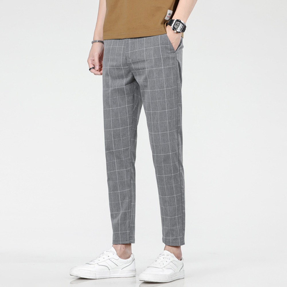 Plaid Pants Business Casual Men Slim Fit Straight Leg Small Leg Trousers - Picture 22 of 25