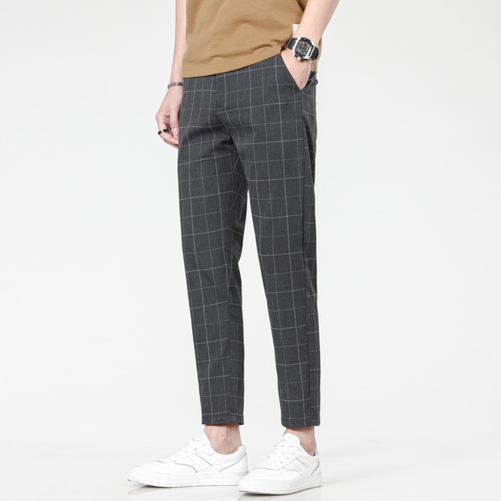Plaid Pants Business Casual Men Slim Fit Straight Leg Small Leg Trousers - Picture 25 of 25