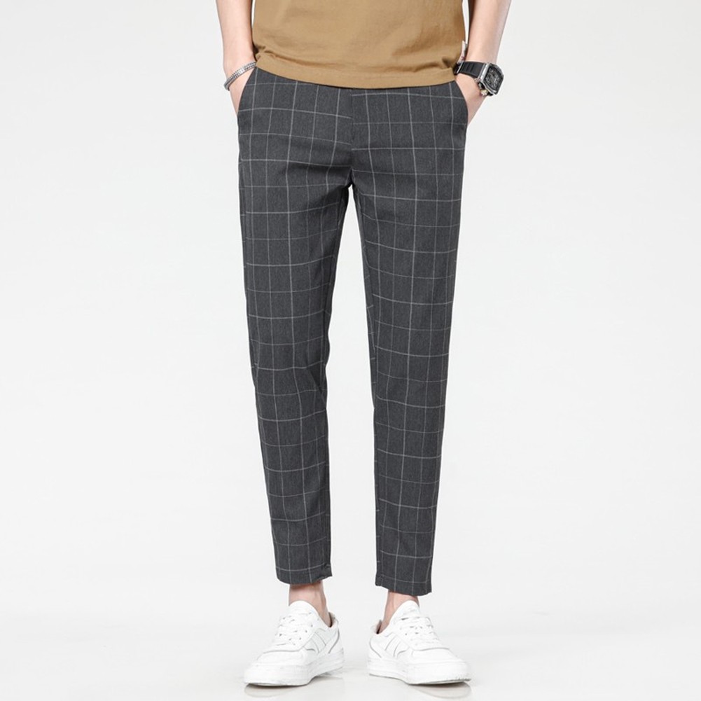 Plaid Pants Business Casual Men Slim Fit Straight Leg Small Leg Trousers - Picture 23 of 25