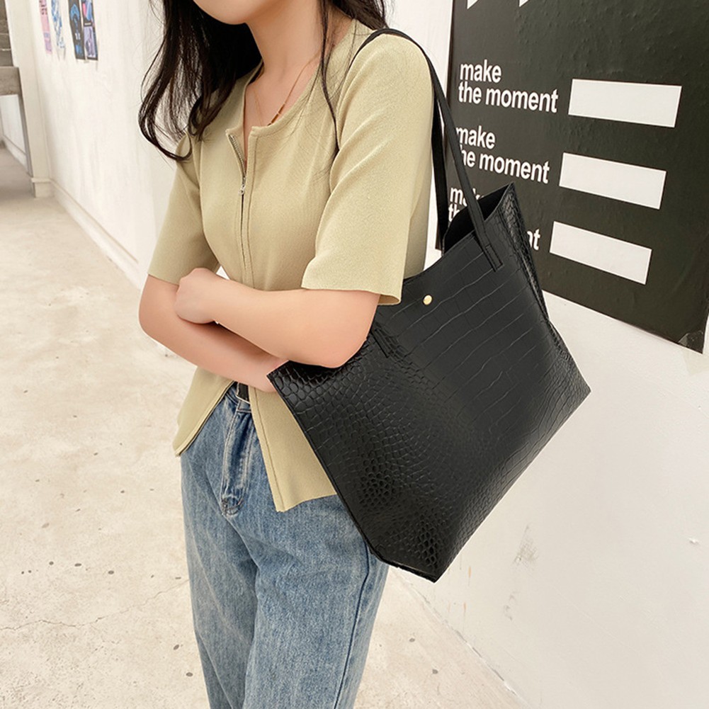 Stylish PU Leather Tote Bag for Women Large Capacity Crocodile Shoulder Bag - Picture 24 of 31