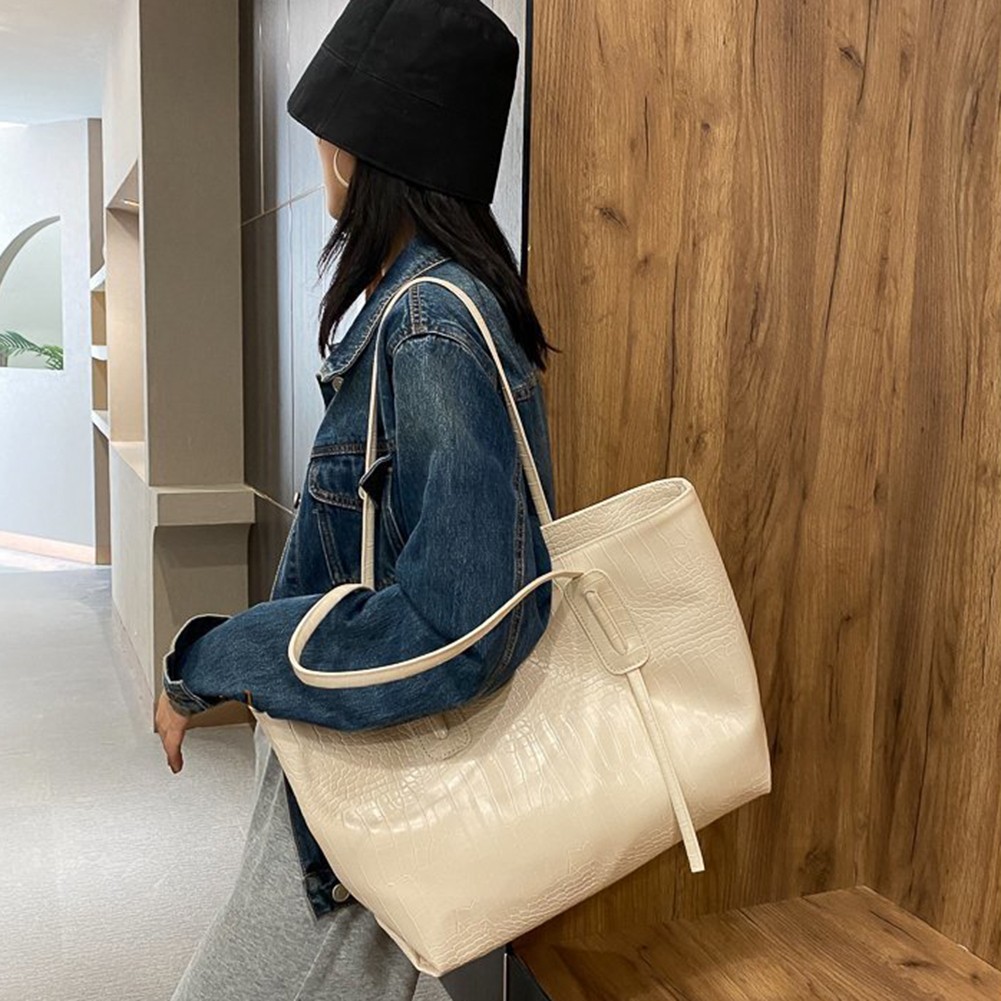 Solid Color Women Tote Bag Retro Style Large Capacity Shoulder Handbag - Picture 11 of 22