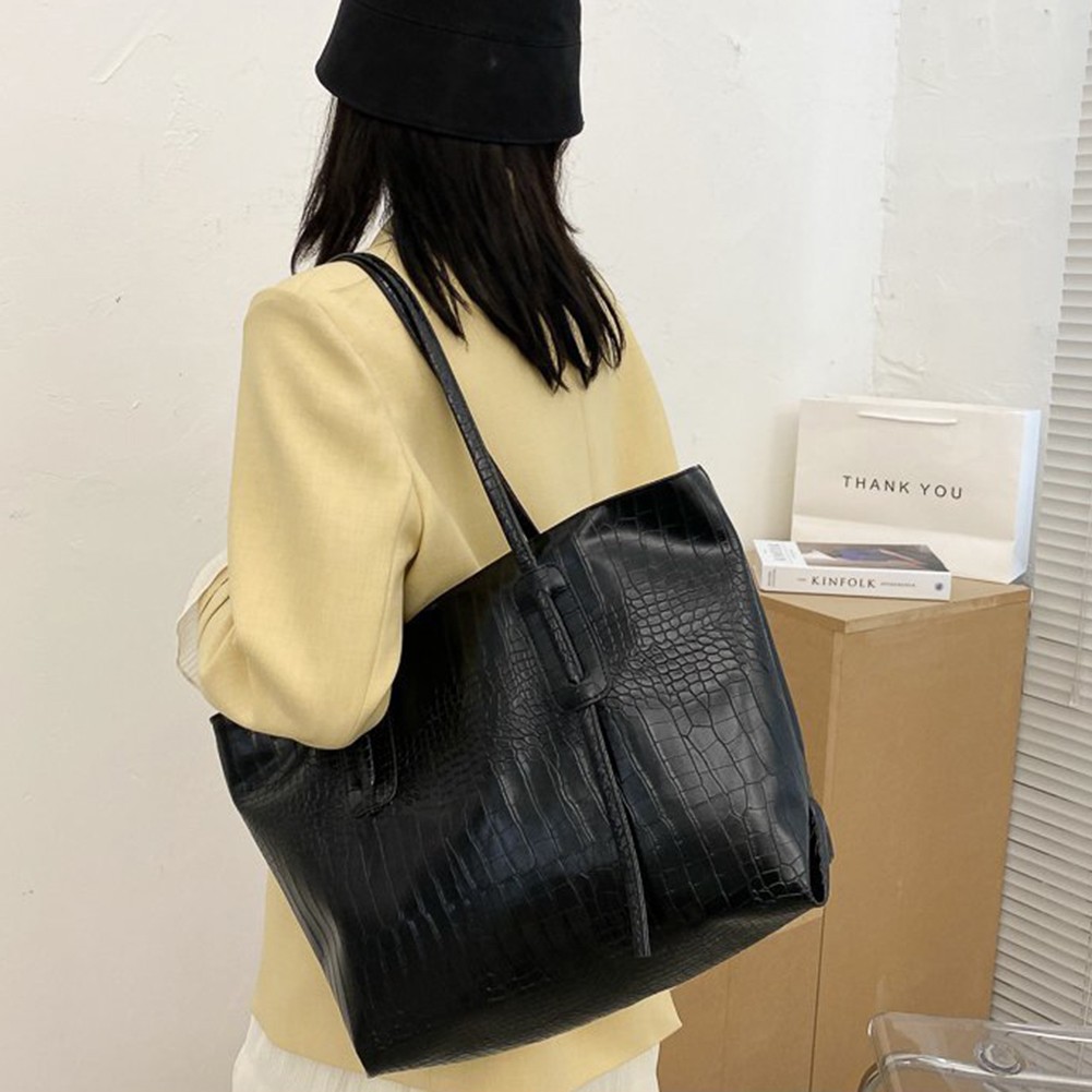 Solid Color Women Tote Bag Retro Style Large Capacity Shoulder Handbag - Picture 17 of 22