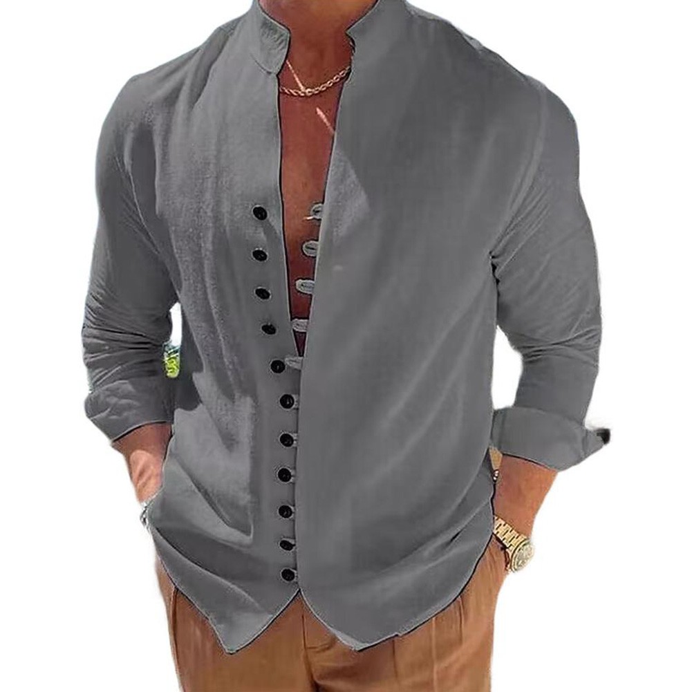 Casual Mens Shirt Long Sleeve Linen Fabric Loose Fit Vintage Big Size Shirt - Picture 13 of 20