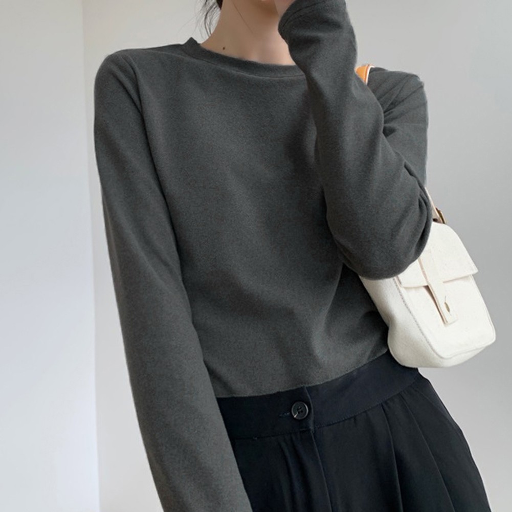 Long Sleeve Casual Top for Women Solid Color Round Neck for Autumn and Winter - Picture 11 of 46