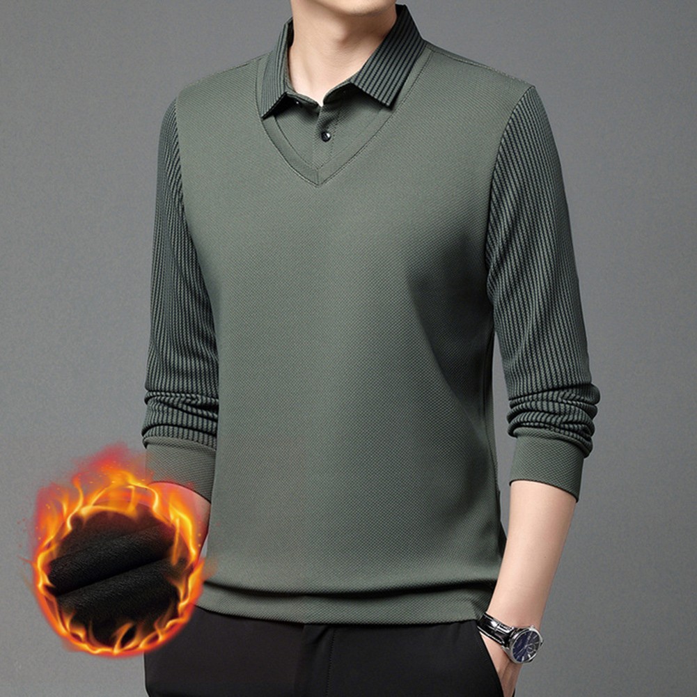Mens casual lapel fleece shirt long sleeve faux tshirt polyester blend