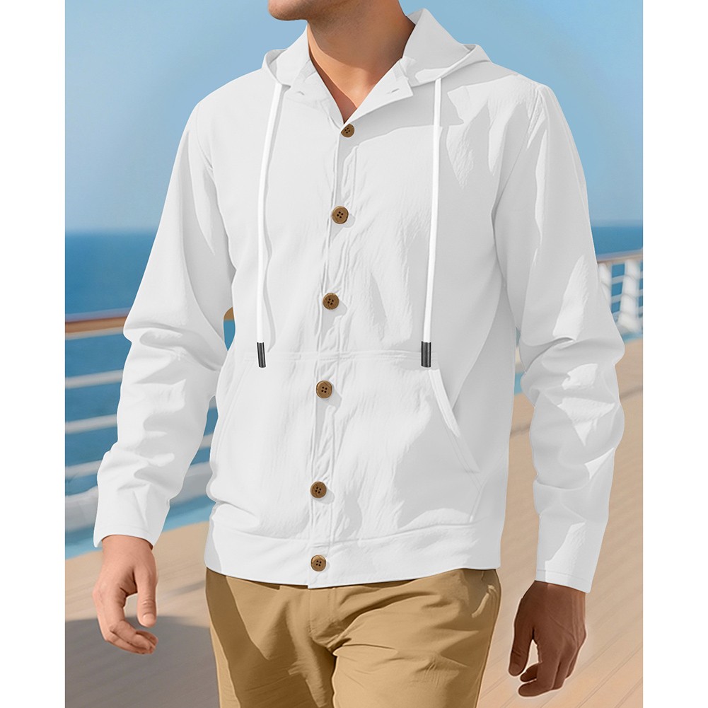 Mens Long Sleeve Linen Hooded Shirt Vintage Style Loose Casual Button Cardigan - Picture 39 of 49
