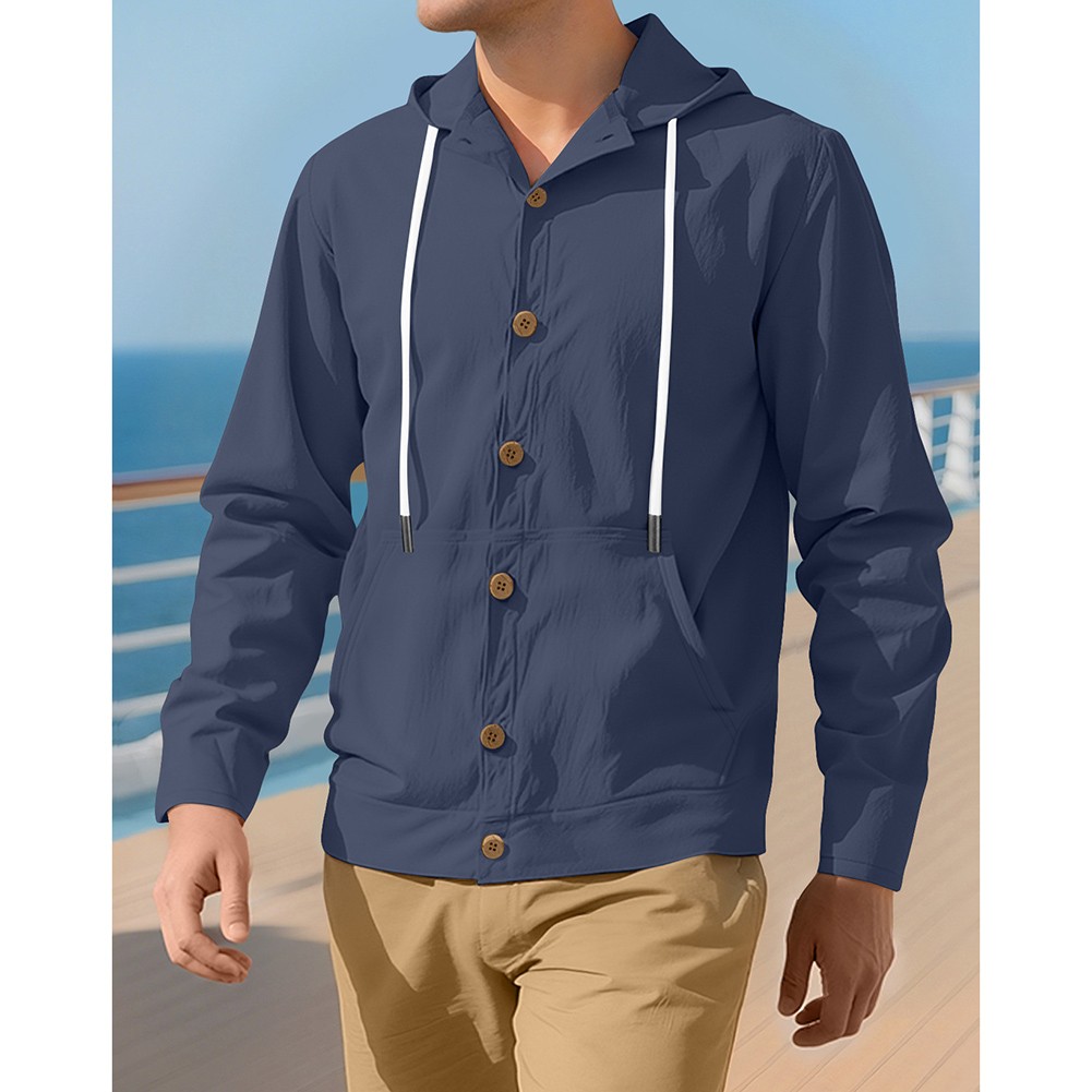 Mens Long Sleeve Linen Hooded Shirt Vintage Style Loose Casual Button Cardigan - Picture 45 of 49