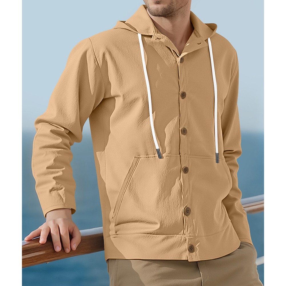 Mens Long Sleeve Linen Hooded Shirt Vintage Style Loose Casual Button Cardigan - Picture 33 of 49
