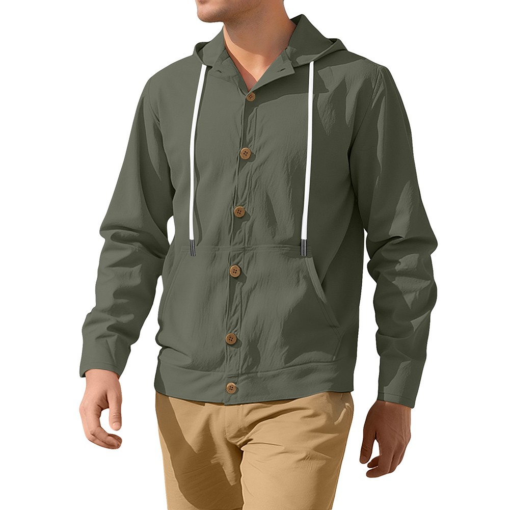 Casual Mens Linen Hooded Shirt Long Sleeve Vintage Loose Buttoned Cardigan - Picture 13 of 28