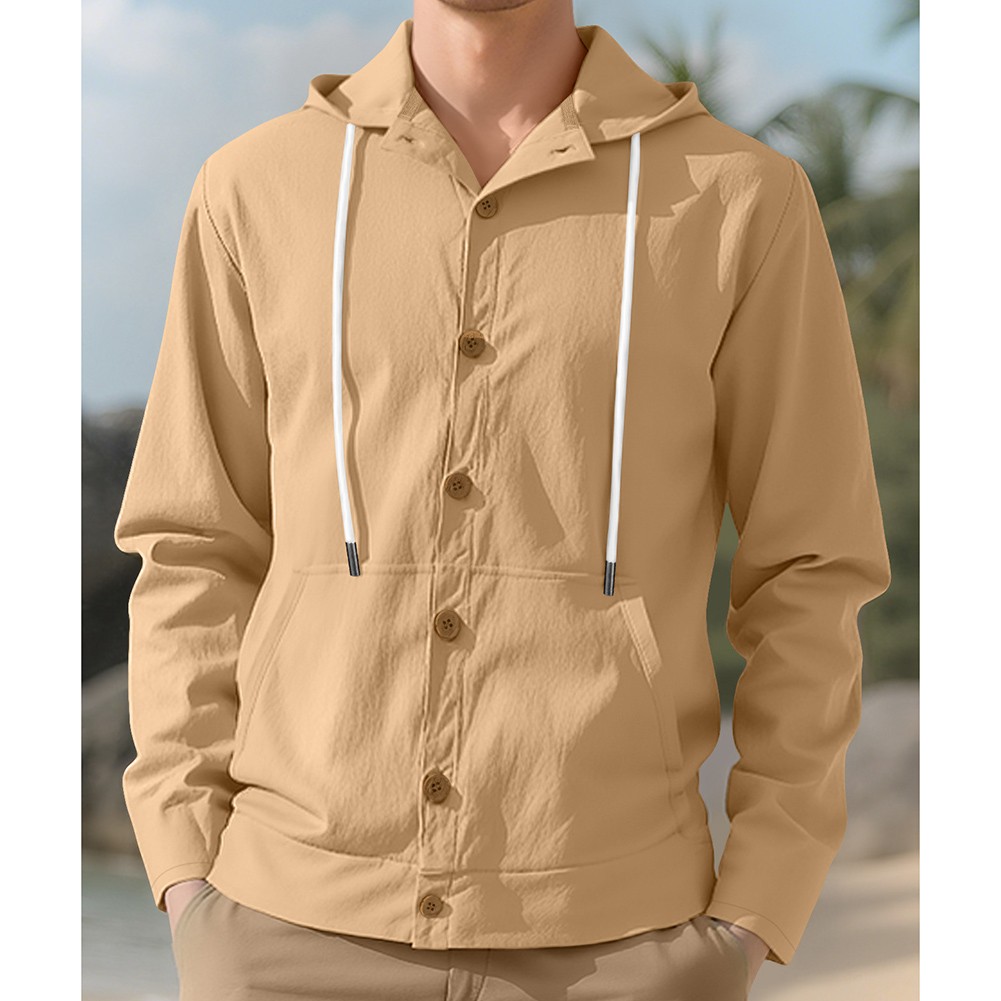 Mens Long Sleeve Linen Hooded Shirt Vintage Style Loose Casual Button Cardigan - Picture 32 of 49