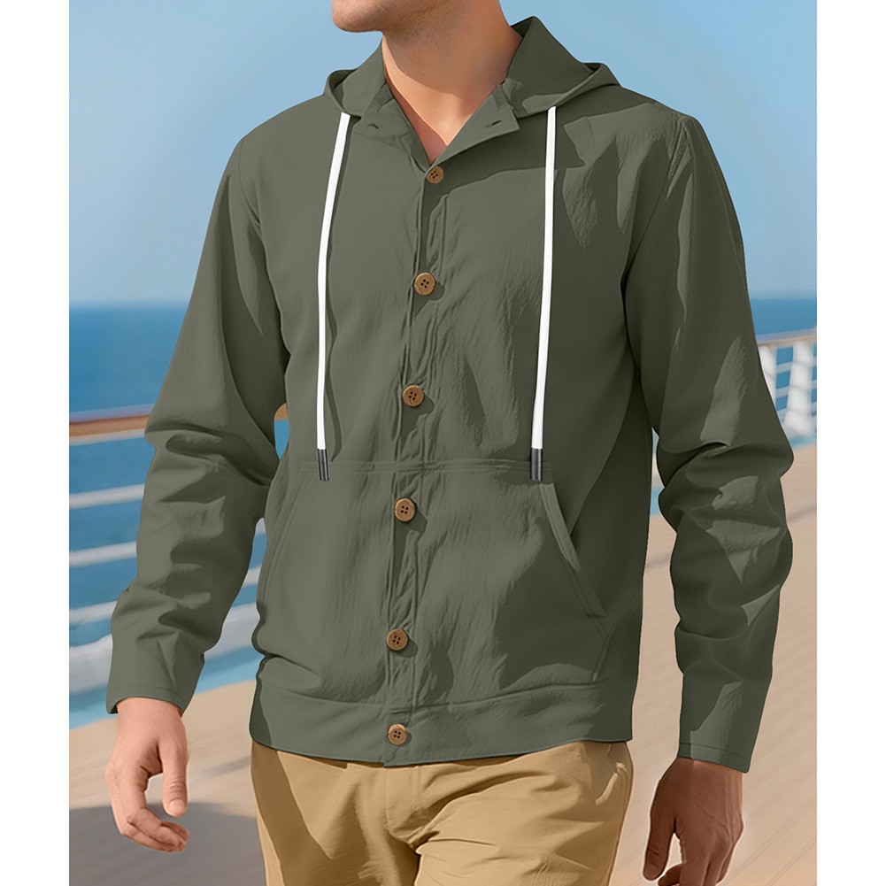Casual Mens Linen Hooded Shirt Long Sleeve Vintage Loose Buttoned Cardigan - Picture 16 of 28