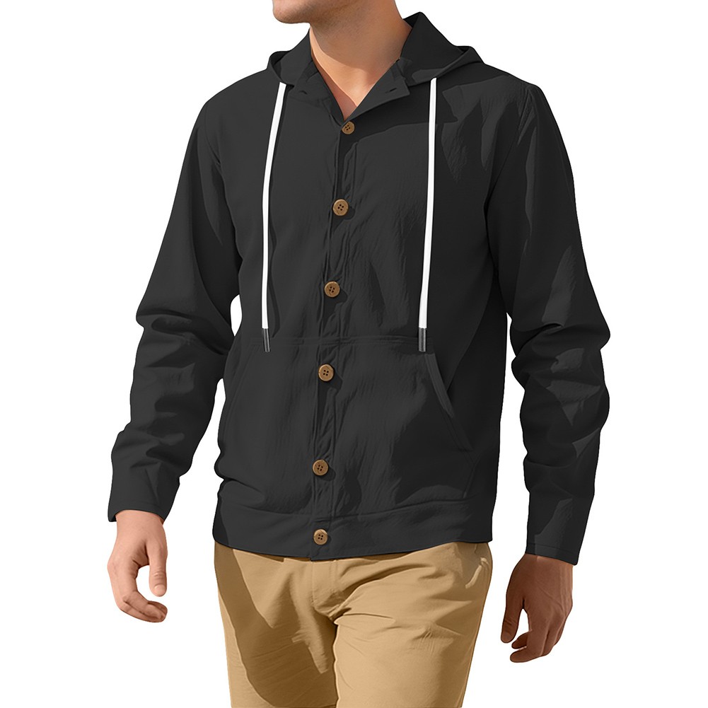 Mens Long Sleeve Linen Hooded Shirt Vintage Style Loose Casual Button Cardigan - Picture 34 of 49