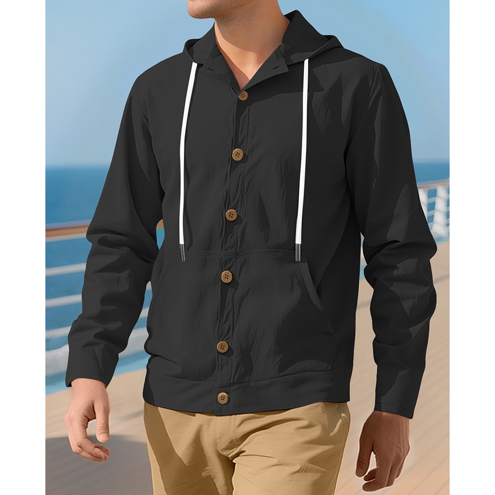 Mens Long Sleeve Linen Hooded Shirt Vintage Style Loose Casual Button Cardigan - Picture 37 of 49