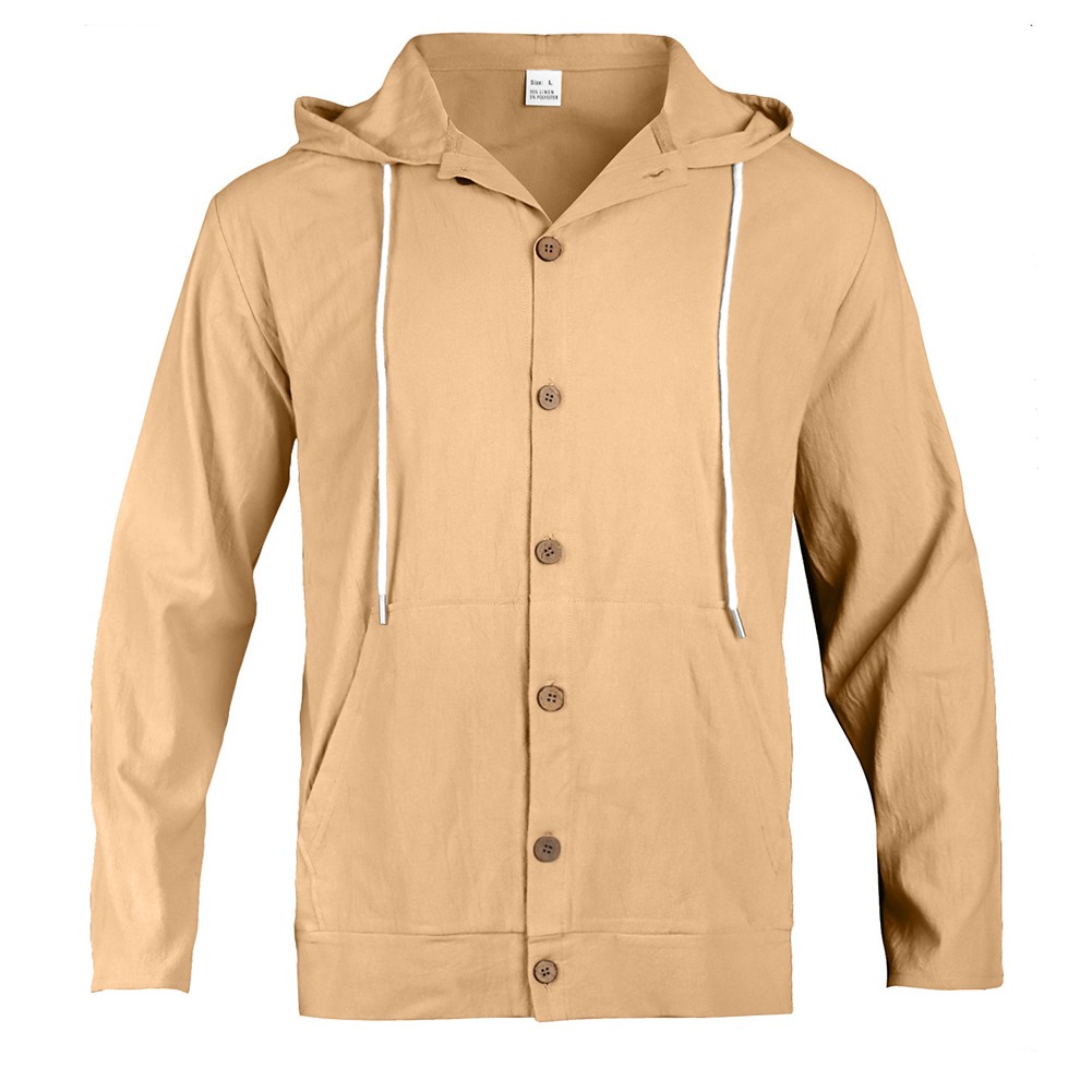 Mens Long Sleeve Linen Hooded Shirt Vintage Style Loose Casual Button Cardigan - Picture 24 of 49