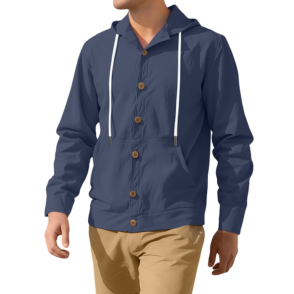 Mens Long Sleeve Linen Hooded Shirt Vintage Style Loose Casual Button Cardigan - Picture 42 of 49