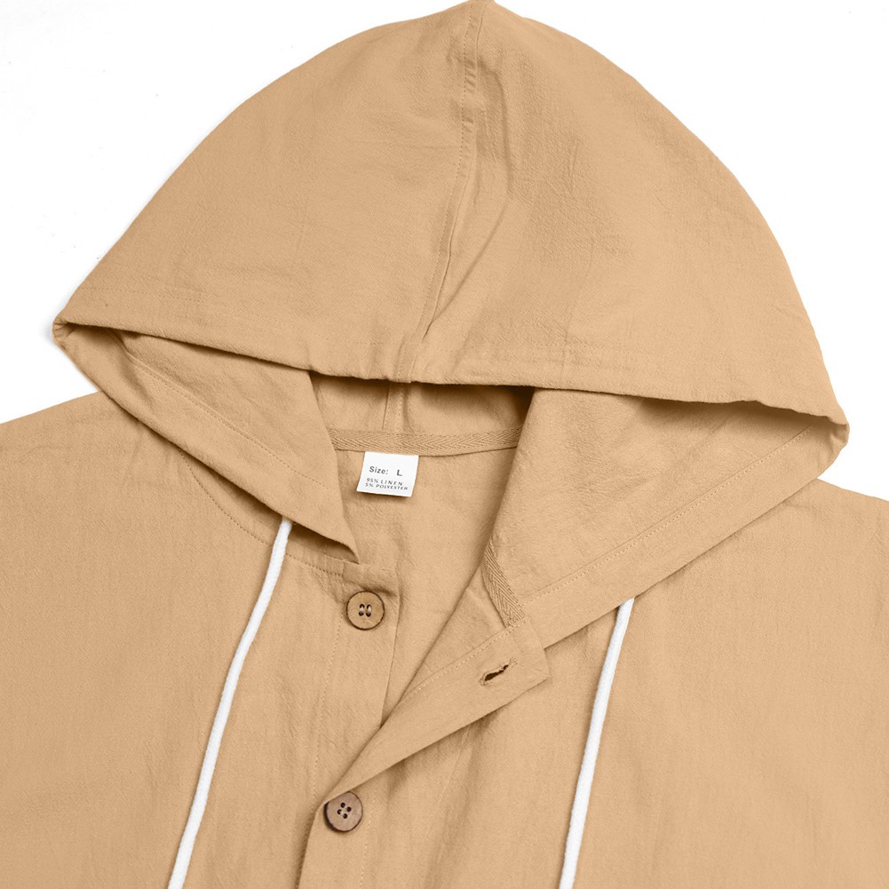 Mens Long Sleeve Linen Hooded Shirt Vintage Style Loose Casual Button Cardigan - Picture 22 of 49