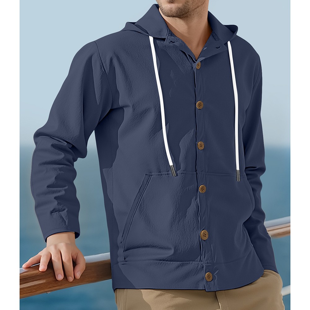 Mens Long Sleeve Linen Hooded Shirt Vintage Style Loose Casual Button Cardigan - Picture 44 of 49