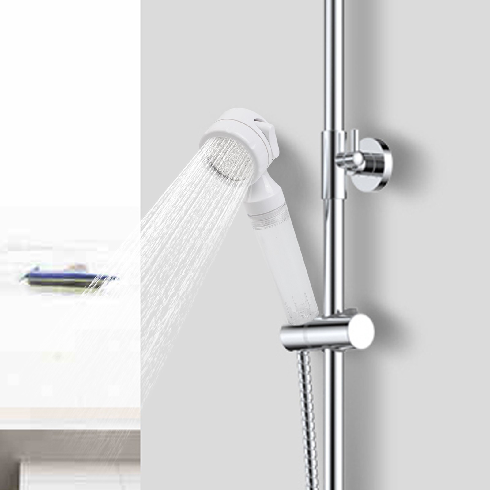 Pressurized travel showerhead with filter portable lightweight for hotel use