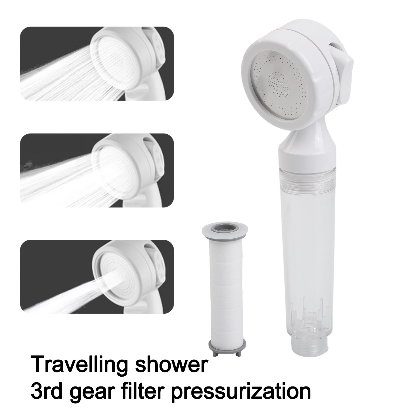 Pressurized travel showerhead with filter portable lightweight for hotel use