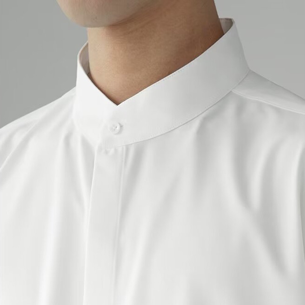 Camisas informales con cuello alto estilo chino calce limpio simple color liso para hombres - Imagen 29 de 46