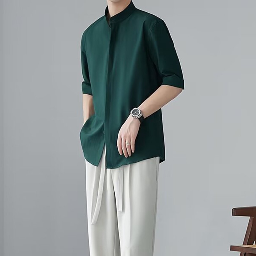 Camisas informales con cuello alto estilo chino calce limpio simple color liso para hombres - Imagen 43 de 46