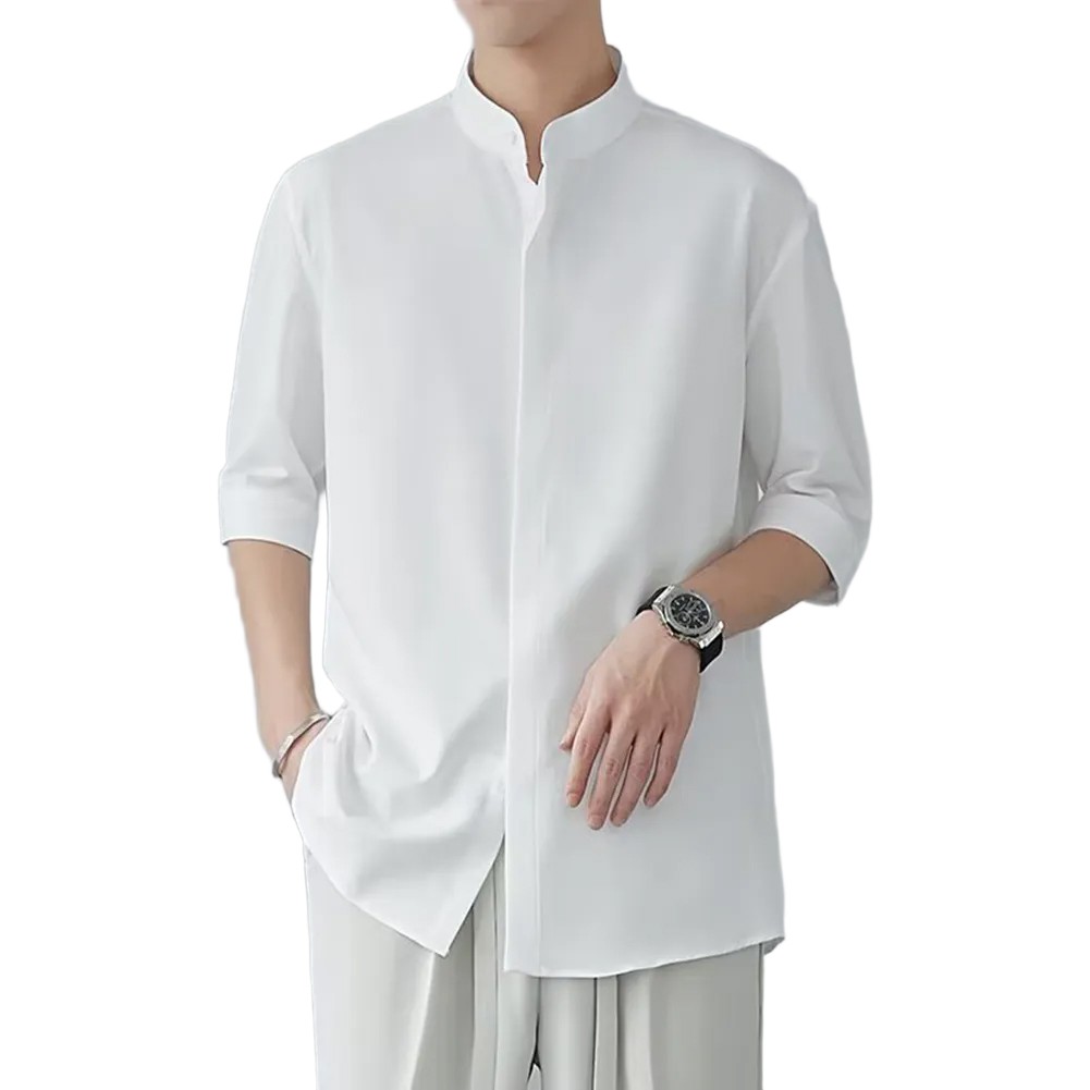 Camisas informales con cuello alto estilo chino calce limpio simple color liso para hombres - Imagen 22 de 46