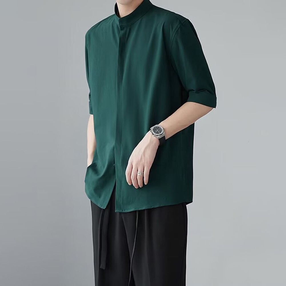 Camisas informales con cuello alto estilo chino calce limpio simple color liso para hombres - Imagen 41 de 46
