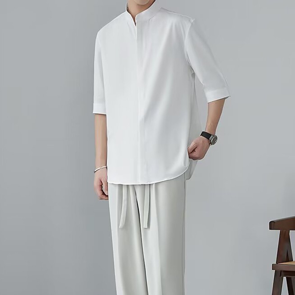 Camisas informales con cuello alto estilo chino calce limpio simple color liso para hombres - Imagen 28 de 46