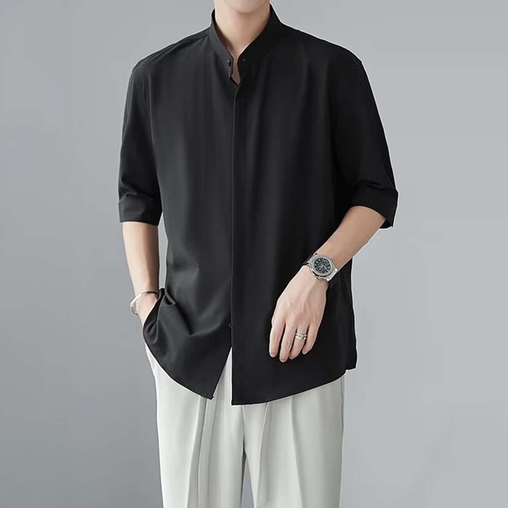 Camisas informales con cuello alto estilo chino calce limpio simple color liso para hombres - Imagen 30 de 46