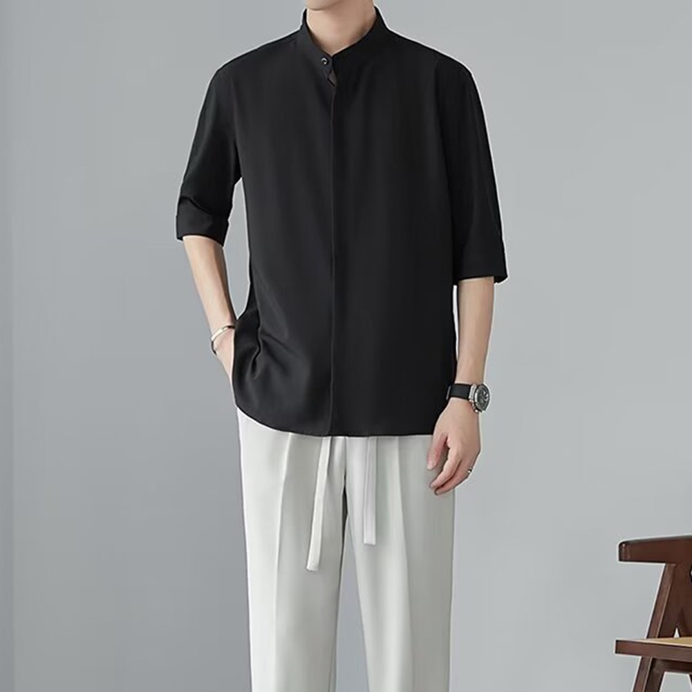 Camisas informales con cuello alto estilo chino calce limpio simple color liso para hombres - Imagen 35 de 46