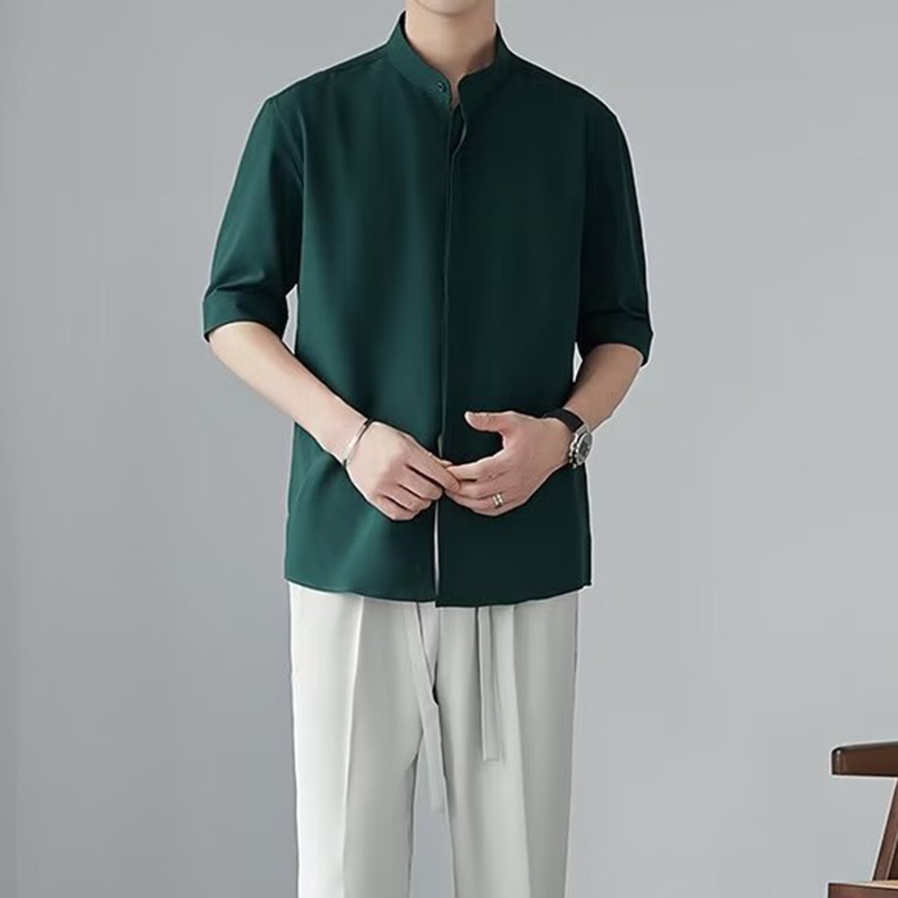 Camisas informales con cuello alto estilo chino calce limpio simple color liso para hombres - Imagen 42 de 46