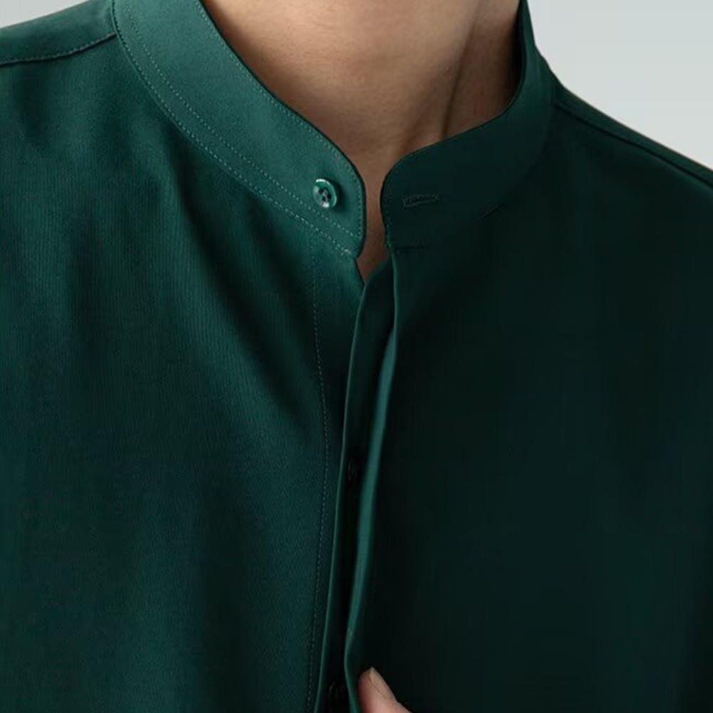 Camisas informales con cuello alto estilo chino calce limpio simple color liso para hombres - Imagen 45 de 46